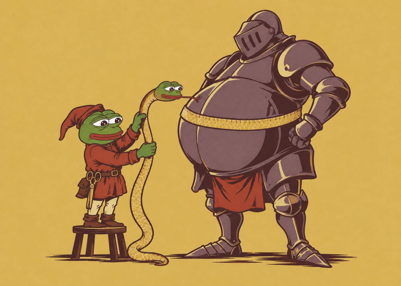 A tiny Pepe tailor measuring an armoured knight’s waist with a golden snake, artwork by Arsonic